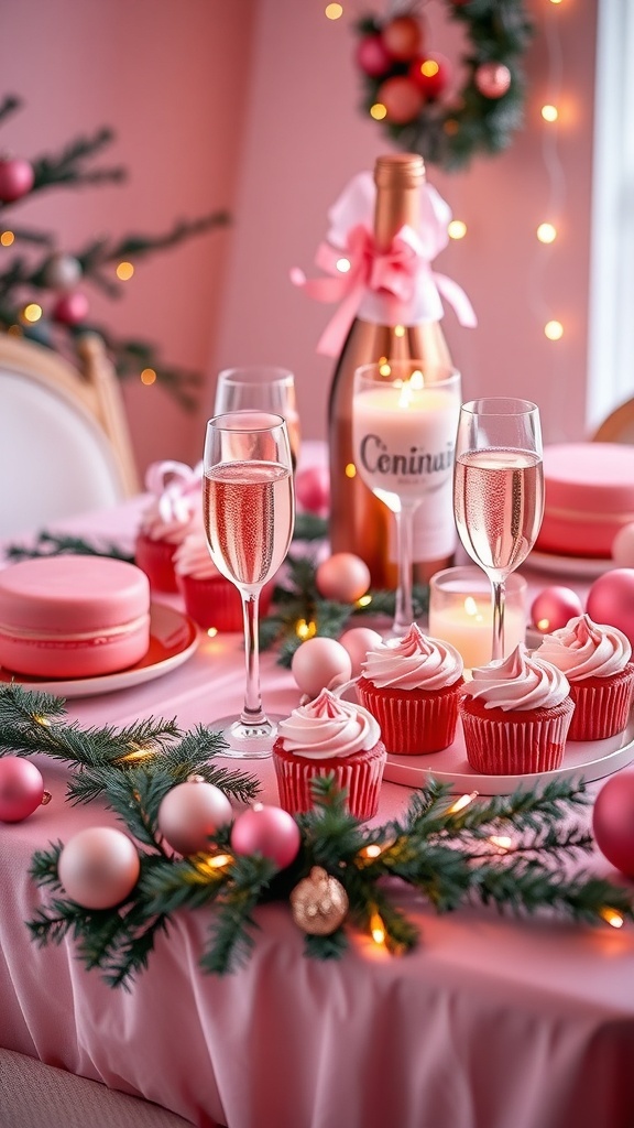 A festive pink-themed Christmas party table with pink drinks, desserts, and decorations.